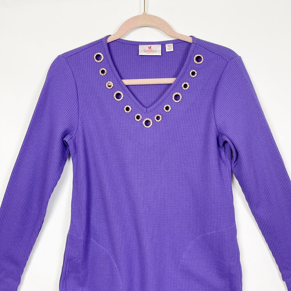 Quacker Factory Womens Knit Tunic Top XXS Purple V-Neck Long Sleeve Waffle NWOT - Picture 2 of 5